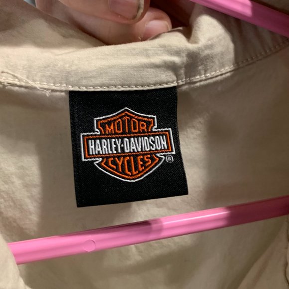 Harley Davidson Jamaica Embroidered Short Sleeve Button Front Shirt Tan Size L - Picture 3 of 8